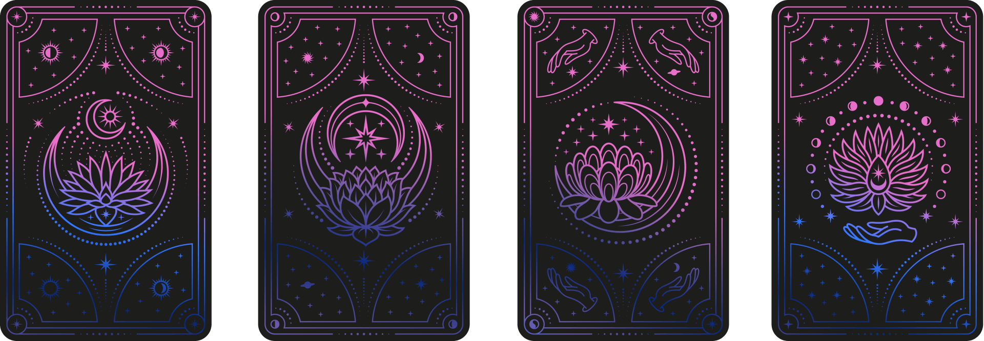 Decorative tarot cards covers, magic mystical lotus and moon. Ritual witches elements, stars and line frames. Colorful gypsy dard vector set.